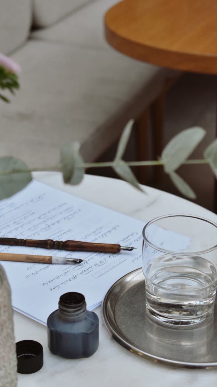 Crafting Captivating Headlines: Your awesome post title goes here A tranquil still life scene featuring writing tools, ink, and a glass on a textured table.