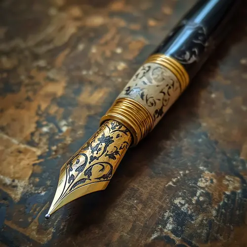 Pluma de escritor sobre mesa de madera.